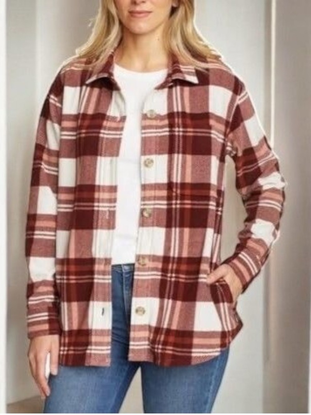 Eddie Bauer Rust and Cream Plaid Flannel Shirt jacket women Small NWOT